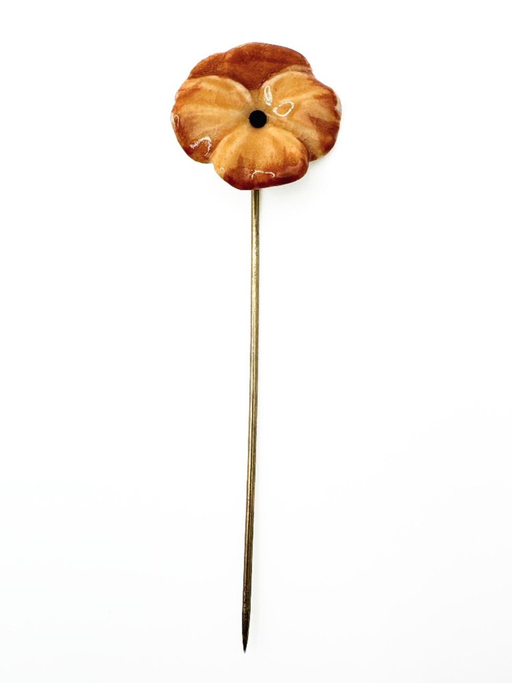 Vintage Ceramic Orange Pansy Flower Stick Pin
